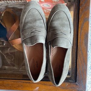 Clarks Suede Olive Green Penny Loafers, Size 6.5 US